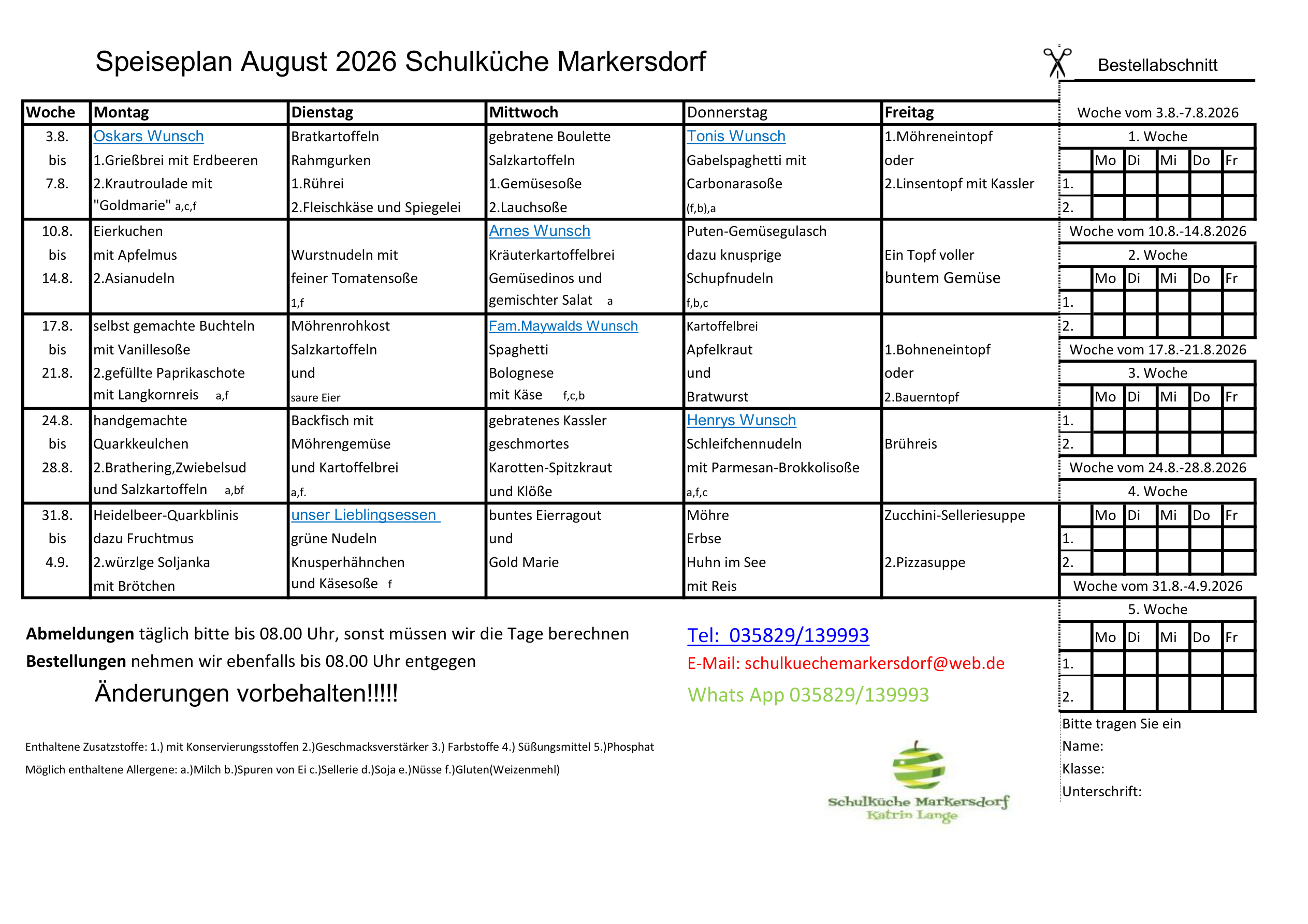 Speiseplan August 2026 der Schulküche Markersdorf